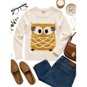 Bongo Owl Graphic Sweater Cream Cotton Blend Preppy Chi O Rush Women's Small EUC